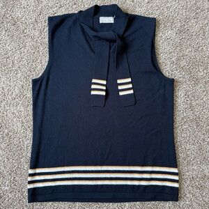 Liz Claiborne Navy Striped Tie Neck Sweater Vest M Old Money Nautical Preppy